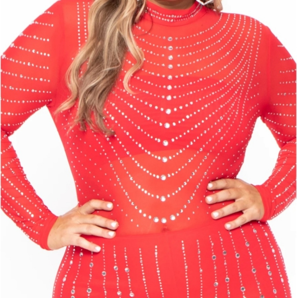 PLUS SIZE 14K SHEER MESH RHINESTONE JUMPSUIT - RED